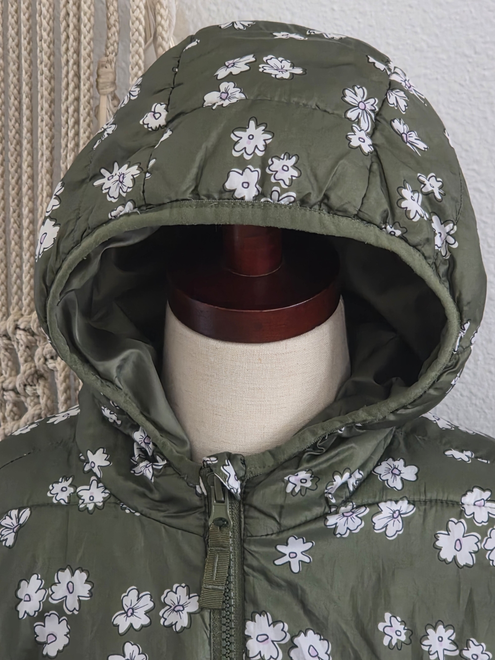 Olive Green Floral Puffer Jacket, Size Small, 7/8 - Picture 3 of 13